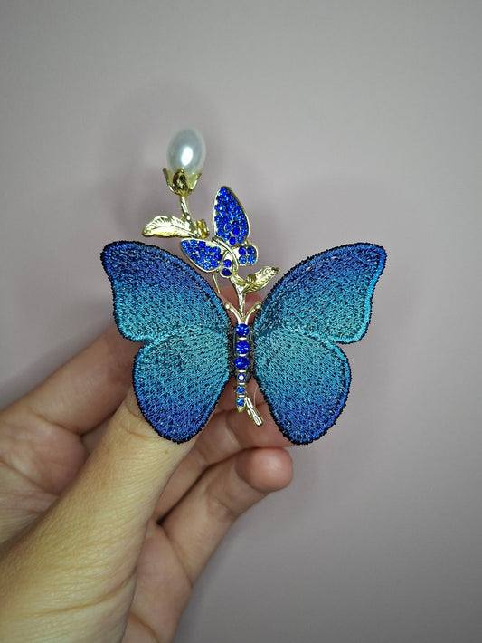 Broche S Vlinder blauw stof