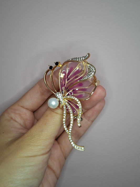 Broche M Vlindervleugel roze parel